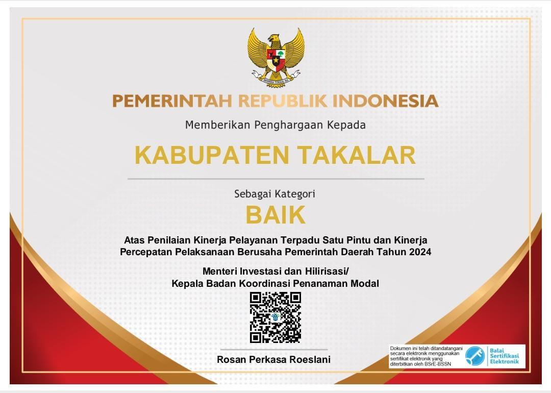 Kabupaten Takalar Raih Penghargaan Kategori Baik Atas Penilaian Kinerja PTSP dan PPB Pemerintah Daerah Tahun 2024 | NEWS TV Indonesia