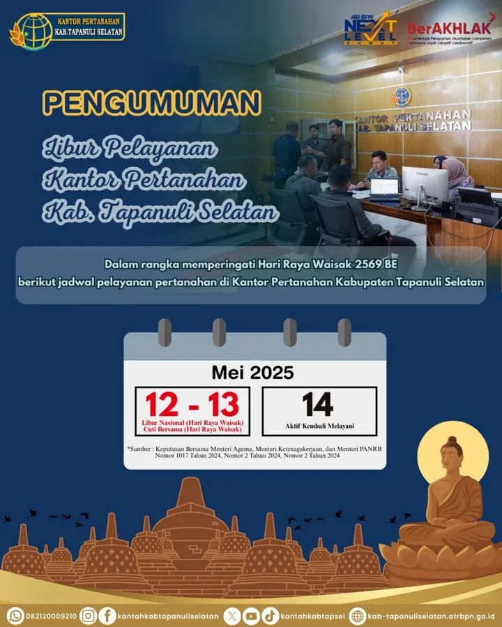 Pelayanan Pertanahan Tapsel Libur Sementara dalam Rangka Hari Raya Waisak 2569 BE | NEWS TV Indonesia