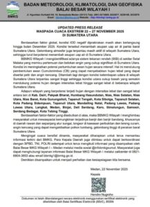 Hujan Sangat Lebat Ancam Sumut, BMKG Imbau Kewaspadaan Hingga 27 November 2025