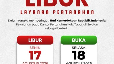 Pelayanan Kantor Pertanahan Tapanuli Selatan Libur pada 17 Agustus 2026, Kembali Dibuka 18 Agustus | Newstv Indonesia