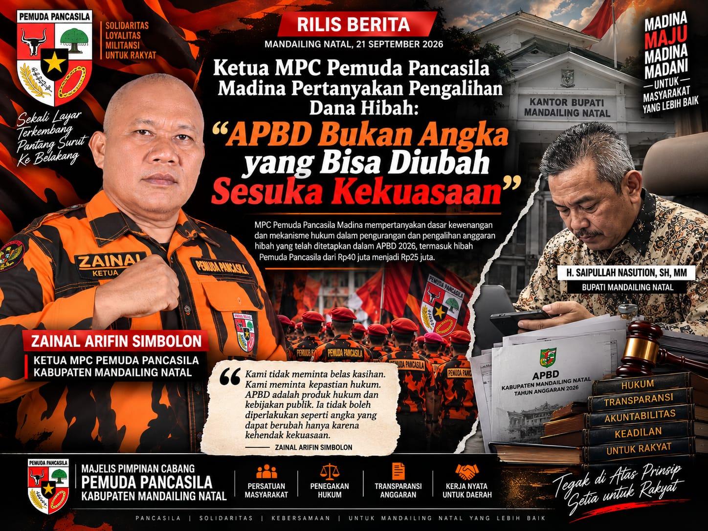 Ketua MPC Pemuda Pancasila Madina Pertanyakan Pengalihan Dana Hibah: APBD Bukan Angka yang Bisa Diubah Sesuka Kekuasaan | Newstv Indonesia